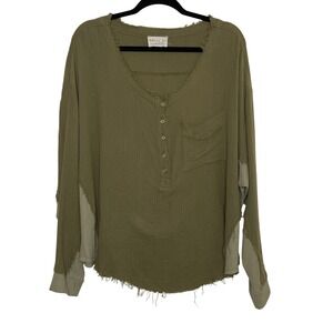 Dress Up Henley Top Womens XL Olive Green Gauze Mixed Media Thermal Raw Hem